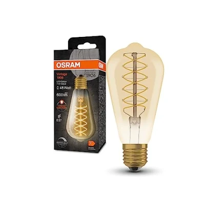 Image de OSRAM Lampe LED Vintage 1906 avec teinte dorée, 7W, 600lm, forme Edison 95 mm de diamètre et prise E27, couleur lumière blanche chaude, filament en spirale, dimmable durée vie