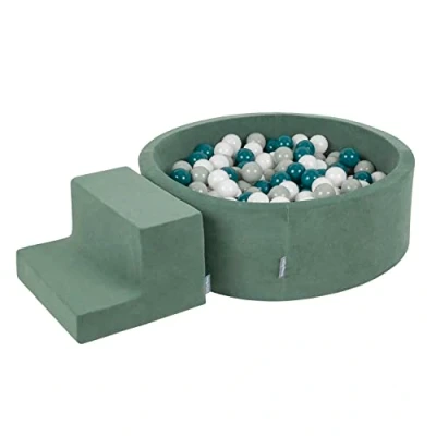 Image de KiddyMoon Velvet Aire De Jeux en Mousse avec Rond Piscine À Balles pour Enfants (200 Balles), Vert Forêt: Turquoise Foncé/Gris Vert/Blanc
