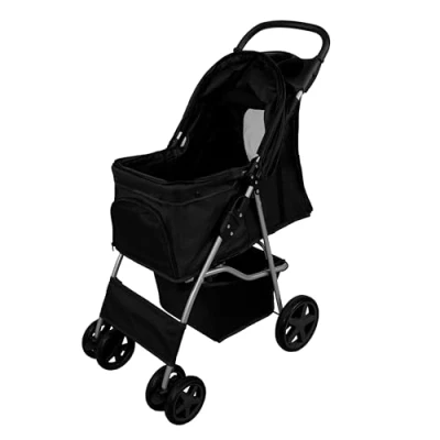 Image de Poussette Noire pour Chien Chat Animaux de Compagnie Jusqu&#039;à 15KG Pliable Acier Robuste Compacte Panier &amp; Porte Gobelet Roues Tout Terrain [Mousqueton Sécurité Housse Pluie INCLUS]