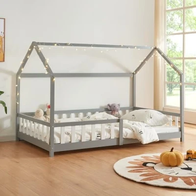 Image de [en.casa] Lit Cabane pour Chambre d&#039;enfant Simple en Forme de Maison avec Sommier à Lattes Standard et Barrière Protectrice Bois Pin Contreplaqué 120 x 200 cm Gris