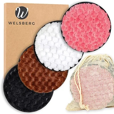 Image de Welsberg 4x disques démaquillants réutilisables, Lingettes lavables à la machine, Chiffon nettoyant doux en microfibre, Puffs faciale écologiques avec sac linge