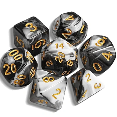 Image de QMAY DND Lot de 7 dés polyédriques pour Donjons et Dragons MTG RPG D&amp;D D20, D12, D10, D%, D8, D6, D4 (Noir Rélangé à du Blanc)