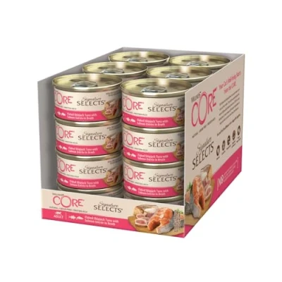 Image de Wellness Core Signature Selects, Pâtée pour Chat, Naturelle et Sans Céréales, Emiettés de Thon/Saumon en Sauce, 24 x 79 g