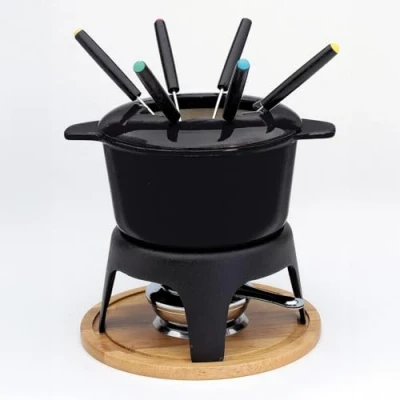 Image de Baumalu 385051 Service à Fondue Fonte Noir avec Plateau en Bois