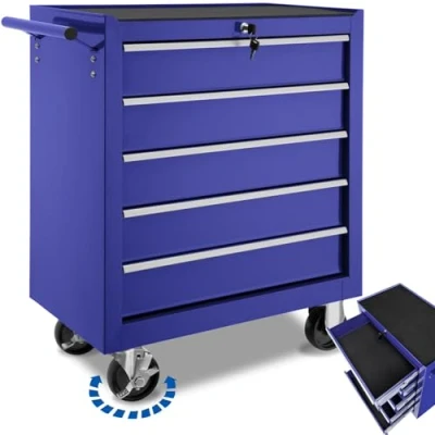 Image de TecTake® Chariot d&#039;atelier Metallique Servante Vide Trolley Professionnel 5 Tiroirs spacieux Verrouillables a Roulette pour Rangement Atelier Garage Bleu