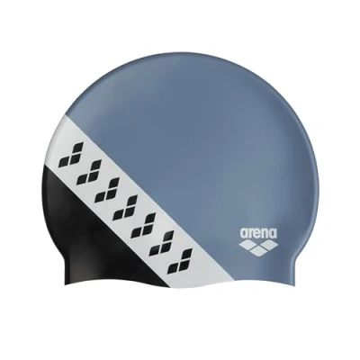 Image de Arena Icons Team Stripe Bonnet de Bain Unisexe en Silicone pour Homme et Femme Entraînement intensif Course Confortable Antidérapant Natation Cheveux Longs, Stripe/Noir/Gris
