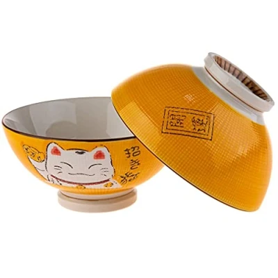 Image de lachineuse 2 Bols à Soupe ou Ramen Design Maneki Neko Colori Jaune Multi Usage Porcelaine Décoration Japonaise Idée Cadeau Japon Asie