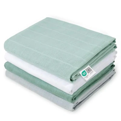 Image de MAKIAN Lange Bebe (Lot 4 Pièces), 70x70 cm, Mousseline 100% Coton Doux, Qualité Supérieur, Certifié Oeko Tex, Double Gaze, Lavable Vert, Blanc, Menthe, Gris