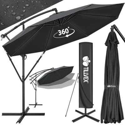 Image de tillvex Parasol déporté hexagonale 3M50 avec manivelle, couverture &amp; paravent Pare soleil pied Protection UV en aluminium pour le jardin à manivelle marché déperlant