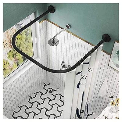 Image de Tringle Angle pour Rideau De Douche,Extensible Réglable en Forme U Barre Douche Arrondie Acier Inoxydable Courbée Ajustable sans Perçage,Noir,80x80x80cm