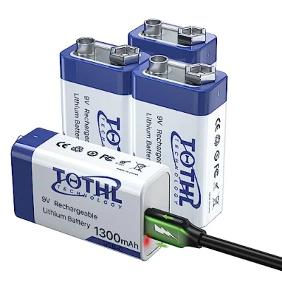 Image de Pile 9V Rechargeable, TQTHL 1300 mAh Lithium USB C avec Chargeur Rapide pour détecteur de fumée, Alarme Incendie, et multimètre Lot 4