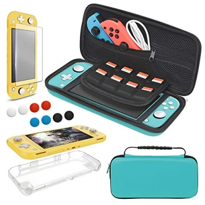 Image de YUANHOT Étui Kit d&#039;accessoires Compatible avec Nintendo Switch Lite, 4 in 1 Coque et Housse Transparente Protection Écran en Verre Trempé, Bleu