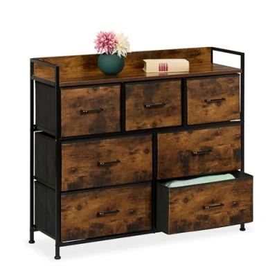 Image de Relaxdays Commode à 7 tiroirs, HLP : 85 x 100 30,5 cm, Meuble de Rangement, Chambre, Couloir, Marron/Noir