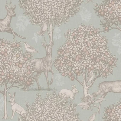 Image de Papier peint scène forestière avec des lapins, cerfs, oiseaux et arbres fruitiers, vert sauge, Arthouse 924606