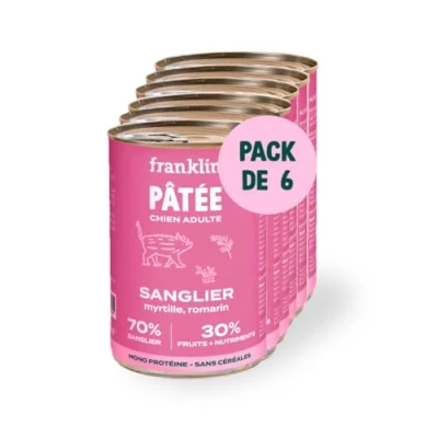 Image de FRANKLIN Pâtée pour Chien sans Céréales 70% Sanglier Digestion Facile Hypoallergénique Riche en Protéine Format Boite 6 x 400g