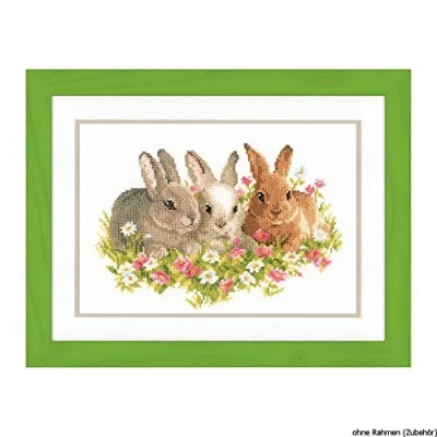 Image de Vervaco Kit au point compté Lapins en champs de fleurs,Multicolore,27.0 x 18.0 0.3 cm