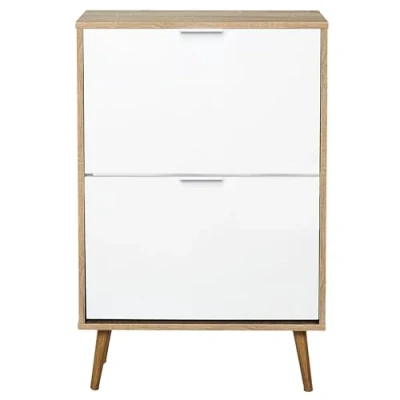 Image de HOME DECO FACTORY Meuble à Chaussures 2 Portes, Entrée, Salon, Polyester, Blanc Marron, 60x91,5x23,5