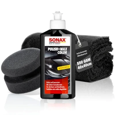 Image de Sonax Polish &amp; Wax Color Kit de polissage pour voiture 250 ml + éponge chiffon Pâte peintures colorées et métalliques enlever les petites rayures