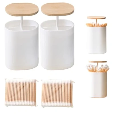 Image de Sonwaha 2pcs Boite Coton Tige+200 Tige Bambou Distributeur Pop Up,Rangement Pot Range