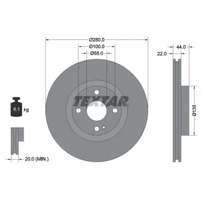Image de TEXTAR 92301503 Disque de frein 280 22 04/05 100 ventilé l&#039;intérieur revêtu sans roulement roue, boulon fix moyeu roue