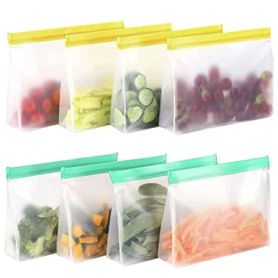 Image de Lot de 8 sacs en silicone réutilisables avec fermeture éclair et support pour aliments, congélation, sandwich, rangement PEVA légumes, lait, collations, viandes