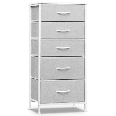 Image de WOLTU Commode, Meuble de Rangement, Chiffonnier avec 5 Tiroirs en Tissu, Armoire, MDF Cadre métal, Gris Tourterelle + Blanc Nuage, SSK004hgws