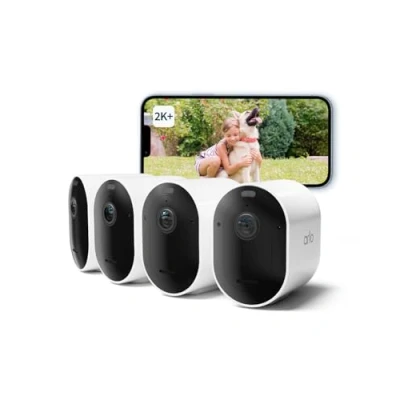 Image de Arlo Pro 5 2K, Caméra de Surveillance WiFi Extérieure Sans Fil, Autonomie 8 mois, Vision Nocturne Couleur Avancée, Éclairage, Sirène et Double Bande, Essai Secure Inclus, 4 Caméras Blanc