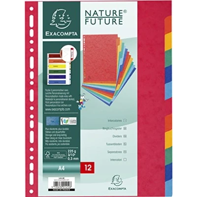 Image de Exacompta Réf. 1412E Carton de 25 Intercalaires en véritable carte lustrée souple 225g/m2 FSC® avec 12 onglets neutres Format à classer A4 Dimensions 22,5 x 29,7 cm couleurs assorties