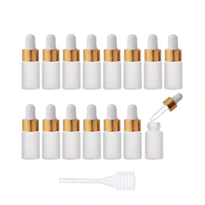 Image de Enslz Lot de 15 mini flacons compte gouttes vides en verre givré pour huiles essentielles, réutilisables, avec bouchon à vis métal et poire caoutchouc (3 ml, doré)