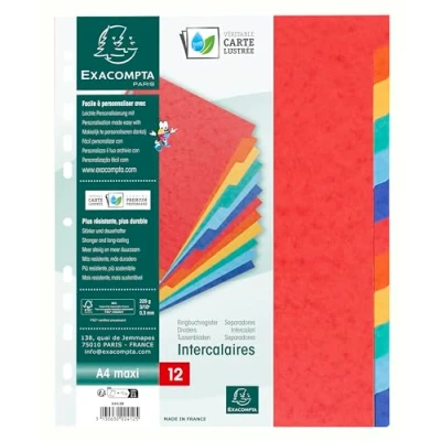 Image de Exacompta Réf. 2412E Carton de 25 intercalaires en véritable carte lustrée souple 225g/m2 FSC® avec 12 onglets neutres Format à classer A4 maxi Dimensions 24,5 x 29,7 cm couleurs assorties