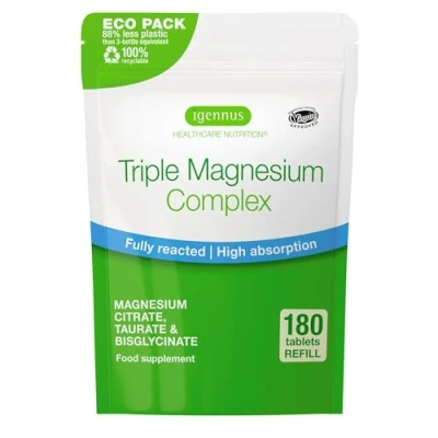 Image de Complexe Triple de Magnésium à Haute Absorption, Bisglycinate, Citrate &amp; Taurate, Sans Additifs Indésirables Vegan, Chélaté Entièrement Réagi, 90 portions par Igennus
