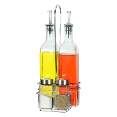 Image de DRW Set de vinaigrier avec 4 pièces en Verre Support Acier Inoxydable Transparent 12 x 14 34 cm
