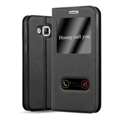 Image de cadorabo Coque pour Samsung Galaxy J5 2015 en Noir COMÈTE Housse Protection avec Stand Horizontal et Deux Fenêtres Portefeuille Etui Poche Folio Case Cover