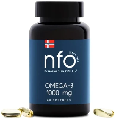 Image de NFO OMEGA 3 1000 mg [60 Capsules] Huile de poisson norvégienne concentrée en EPA et DHA avec des triglycérides vitamine E Complexe naturel poissons sauvages fraîchement pêchésFabriqué Norvège