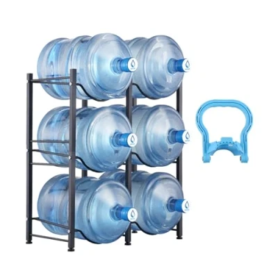 Image de VEVOR Rack à Bonbonnes 3 Niveaux, Support Bouteille d’Eau de 18,9 L Capacité 6 Pièces, Range Solide Double Rangée, en Fer, Rangement pour Cuisine, Bureau, Salon, Usine, Noir