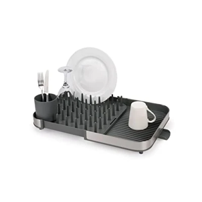 Image de Joseph Duo Egouttoir à vaisselle extensible avec porte couverts amovible, bec d&#039;égouttage, acier inoxydable/gris