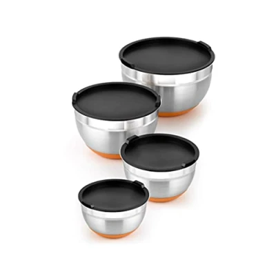 Image de BRA Efficient Lot de 4 Bols en Acier Inoxydable 18/10 12 16 20 24 cm 0,4 L, Base Silicone, Couvercles Inclus