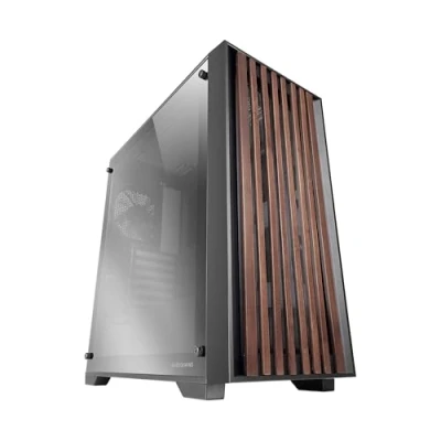 Image de MARSGAMING MC Wood, Boîtier PC ATX, Panneau Frontal en Bois, Fenêtre Latérale Verre Chromé, Ventilateur FDB 120mm, Refroidissement Liquide jusqu&#039;à 360mm, Double Chambre, Semi Tour PC, Noir