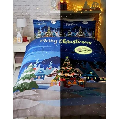 Image de Bedlam Parure de lit phosphorescente Motif Noël Multicolore, 52% Polyester / 48% Coton, Single, W135cm x L200cm (Duvet Cover), W50cm L75cm (Pillow Case)