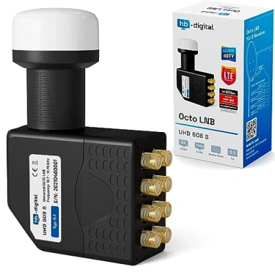 Image de HB DIGITAL Universal Octo LNB Noir UHD 4K Full HD DVB S/S2 Facteur de bruit 0,1 dB pour huit récepteurs satellite (connexion directe) Contacts dorés Protection contre les intempéries