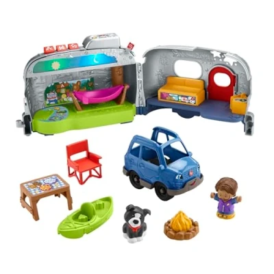 Image de Fisher Price Coffret Caravane d’Apprentissage Lumineuse Little People intéractif, Un véhicule 2 en 1 à Pousser avec lumières et Sons, Version multilingue, Jouet d&#039;Éveil, Dès an, HPF44