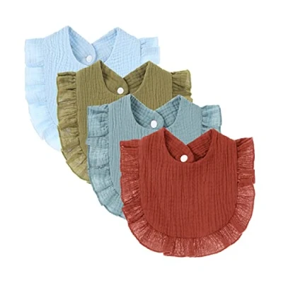 Image de Nishine 4 PACK Ensemble de bavoirs en mousseline solide pour bébés unisexe garçons filles coton ajustable dentition l&#039;alimentation baveuse(Set bleu)