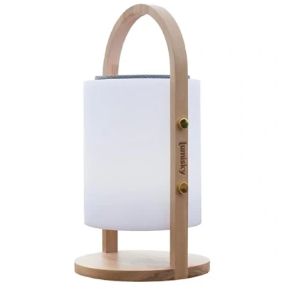 Image de Lampe enceinte bluetooth sans fil poignée bois LED blanc/multicolore dimmable WOODY PLAY H37cm avec télécommande