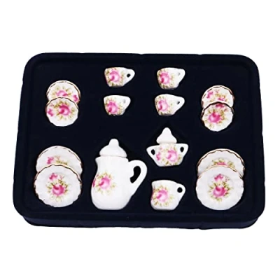 Image de WANGCL Service à thé miniature 15 pièces en porcelaine pour Maison de poupée Barbie 1/12 Lundby