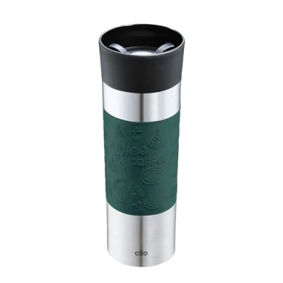 Image de cilio Viaggio Gobelet isotherme, en acier inoxydable, à emporter, couvercle plastique, fermeture 360, système double paroi, incassable et anti fuite, 500 ml, hauteur : 22,5 cm, vert foncé