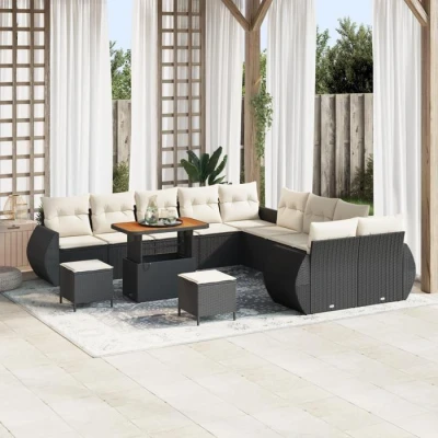 Image de Ensemble de canapé jardin 13 pièces avec coussins en poly rotin noir et acacia, table à manger 3 3361935