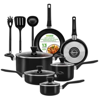 Image de Nutrichef Ensemble de Batterie Cuisine Antiadhésive, d’ Ustensils Cuisine, Avec Casserole a Sauce, Poêles, Marmites,Casserole, Couvercles, Louche, Fourchette, Passoire