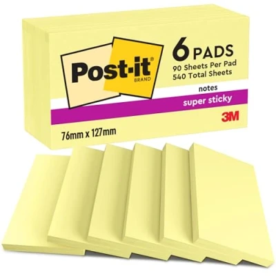 Image de Post it Super Sticky Notes, Jaune Canari, Pack de 6, 90 Feuilles par Bloc, 76 mm x 127 mm, Couleur Adhésives pour Prise Listes Tâches et Rappels