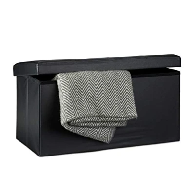 Image de Relaxdays Banc Pliable 38 x 76 cm (H l P), 2 Places avec Espace de Rangement, Tabouret en Cuir synthétique, Charge 300 kg, Noir Pratique Simili, capacité, HLP