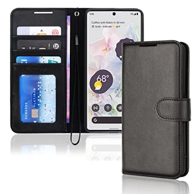 Image de TECHGEAR Étui Portefeuille en Cuir Google Pixel 6, Housse de Protection à Rabat avec Porte Carte Portefeuille, Support et dragonne PU Noir Fermeture magnétique conçu pour 6